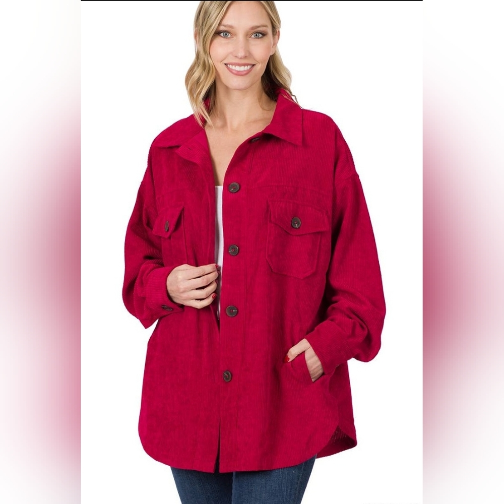 Corduroy Button Front Shacket Red